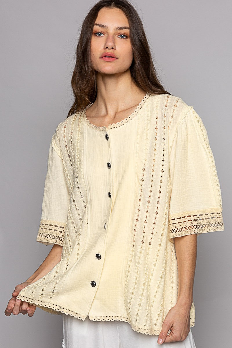 POL Oversize Short Sleeve Lace Contrast Button Down Top