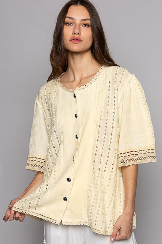 POL Oversize Short Sleeve Lace Contrast Button Down Top