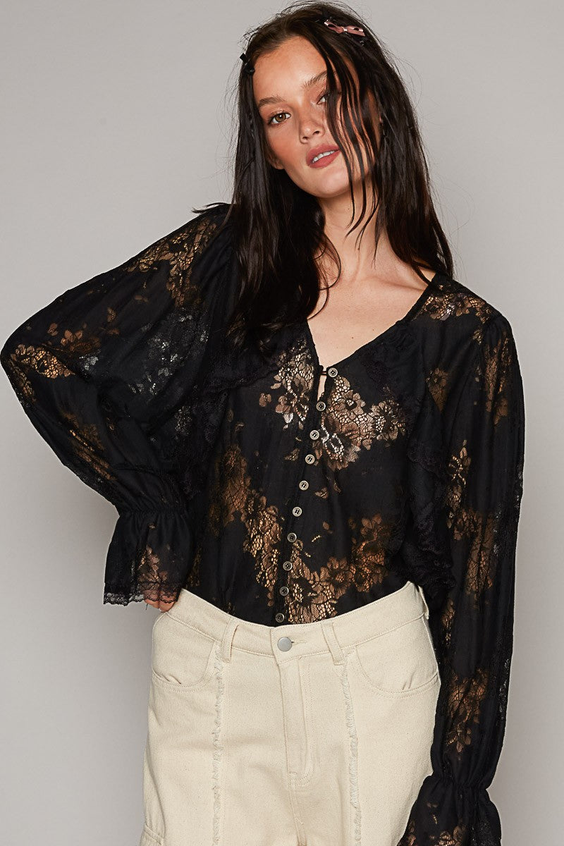 POL Long Balloon Sleeve V Neck Front Ruffle Woven Top