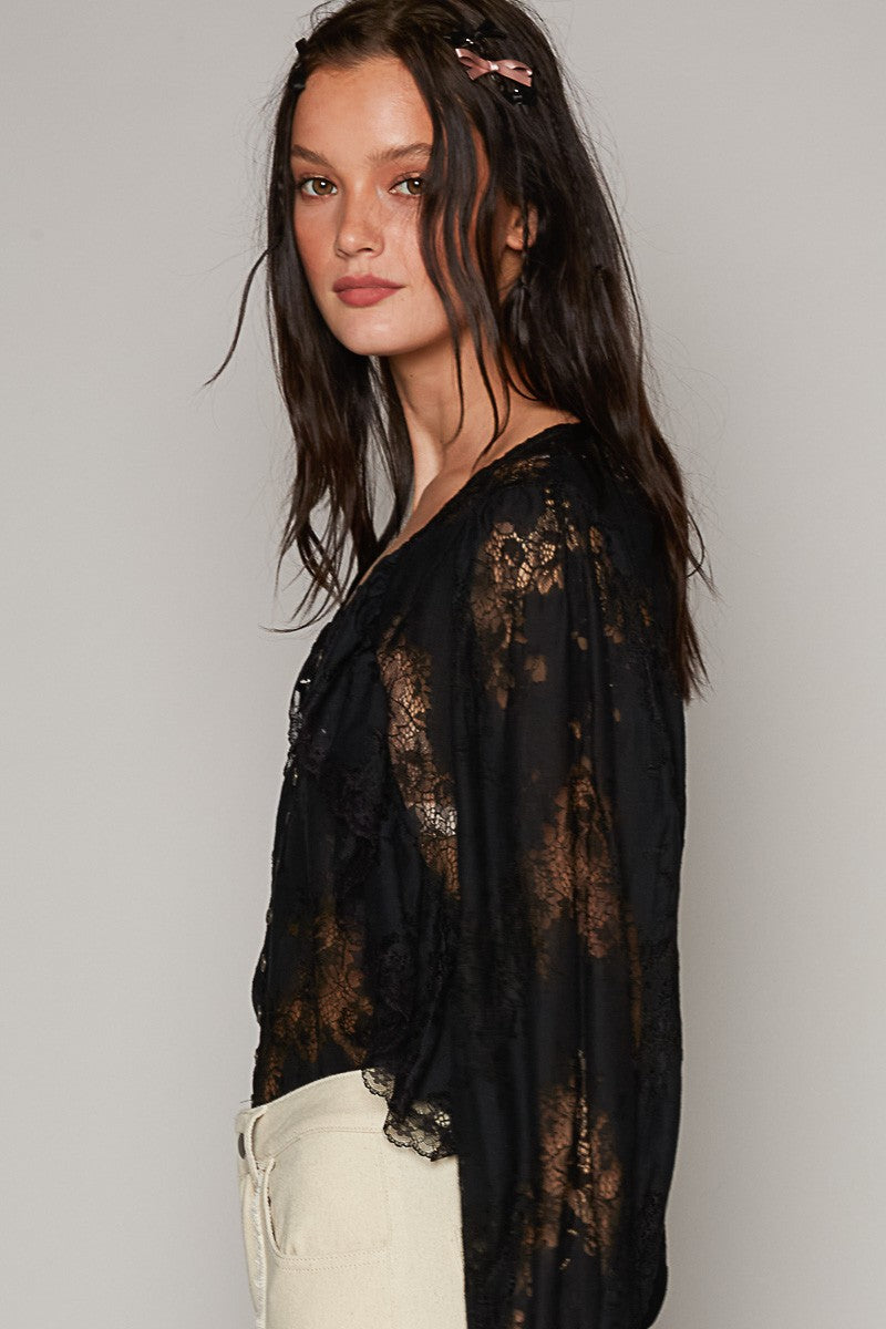 POL Long Balloon Sleeve V Neck Front Ruffle Woven Top