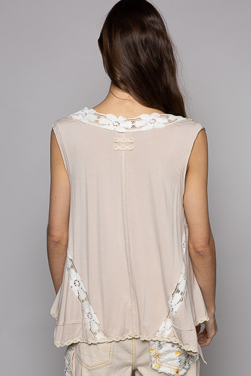 POL Solid Sleeveless V Neck Trim Detail Knit Top