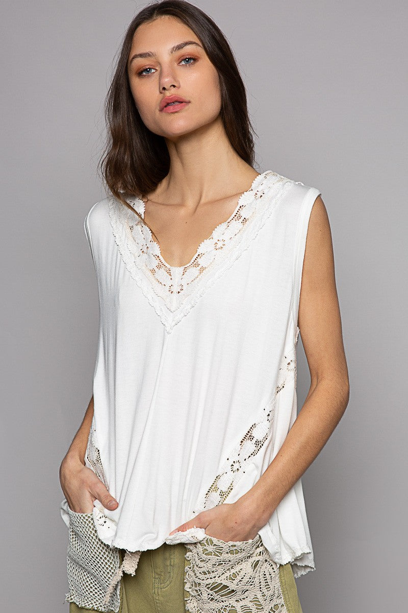 POL Solid Sleeveless V Neck Trim Detail Knit Top