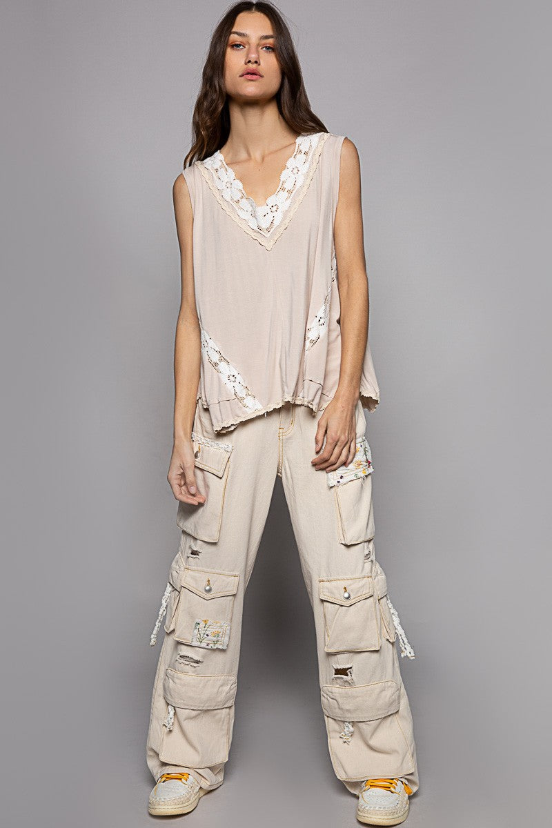 POL Solid Sleeveless V Neck Trim Detail Knit Top