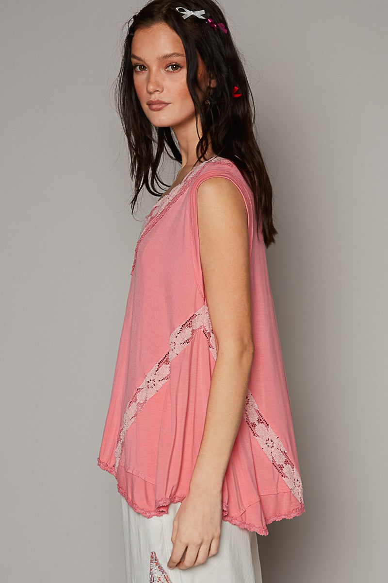 POL Solid Sleeveless V Neck Trim Detail Knit Top