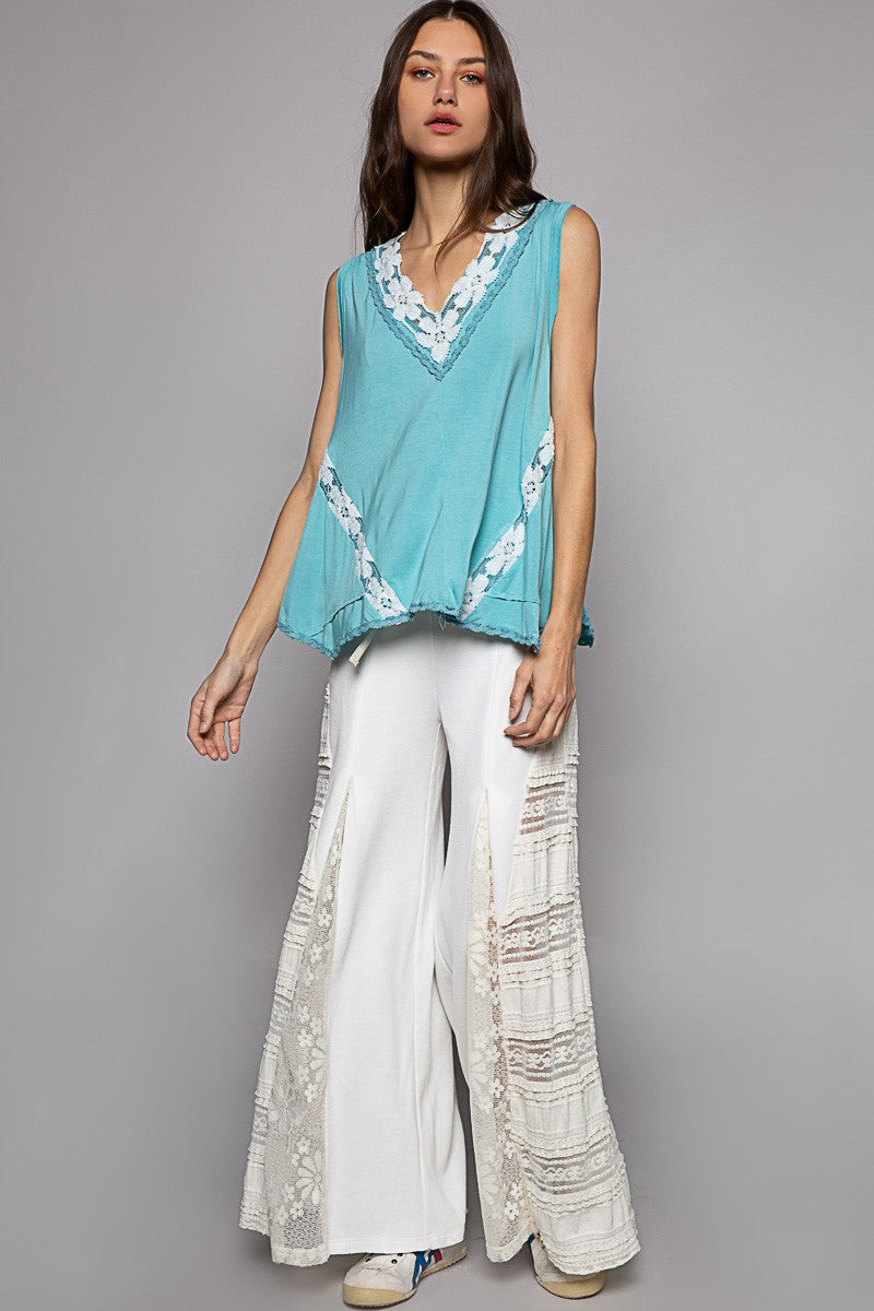 POL Solid Sleeveless V Neck Trim Detail Knit Top