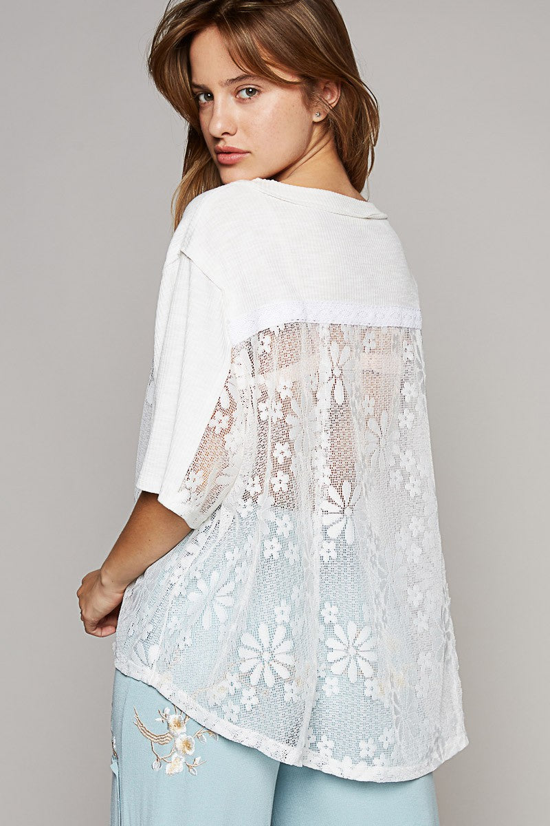 POL Oversize Round Neck Short Sleeve Lace Contrast Top