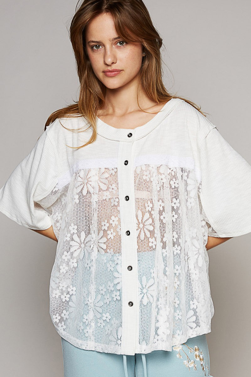 POL Oversize Round Neck Short Sleeve Lace Contrast Top