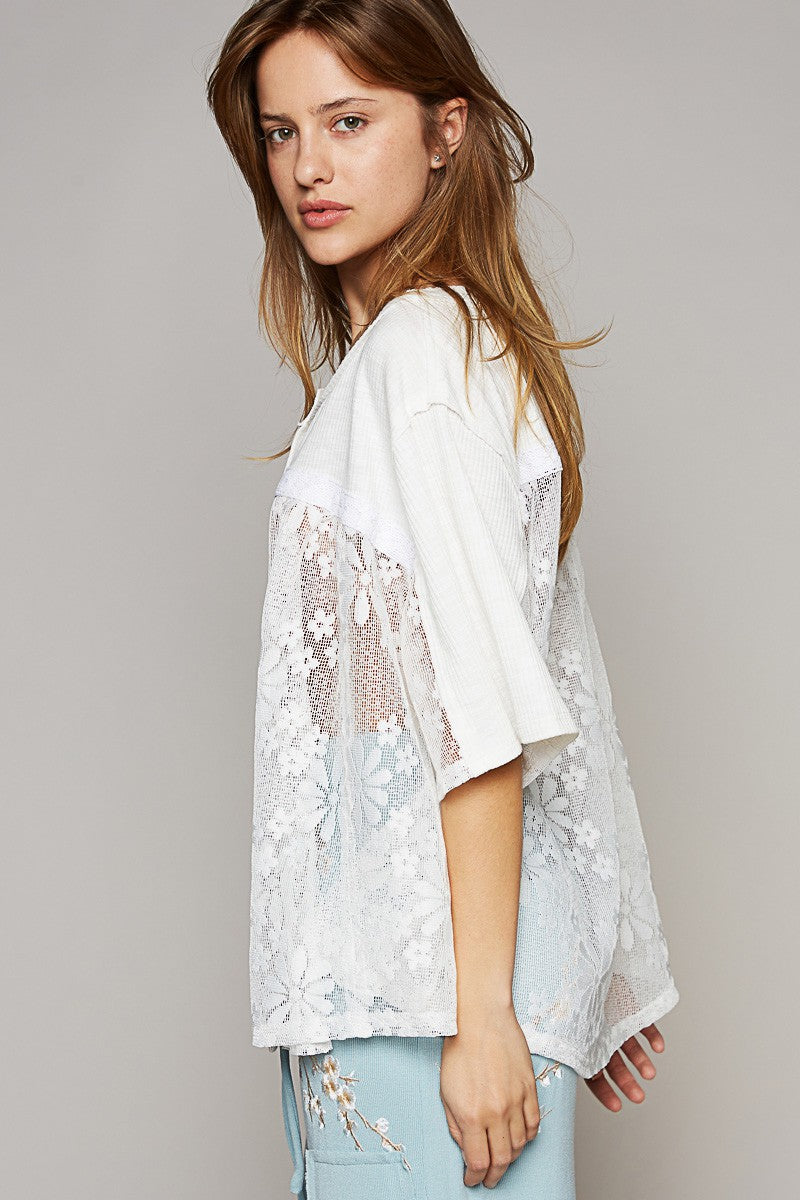 POL Oversize Round Neck Short Sleeve Lace Contrast Top