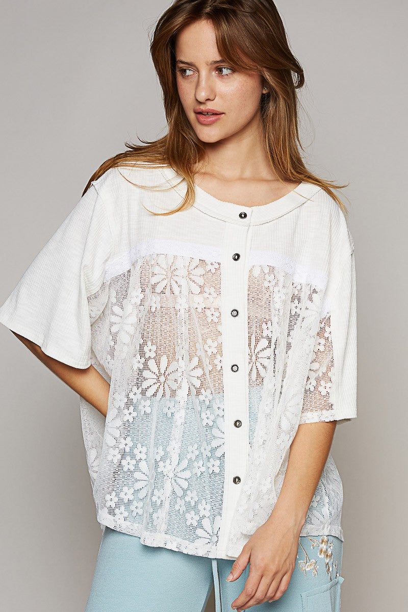 POL Oversize Round Neck Short Sleeve Lace Contrast Top