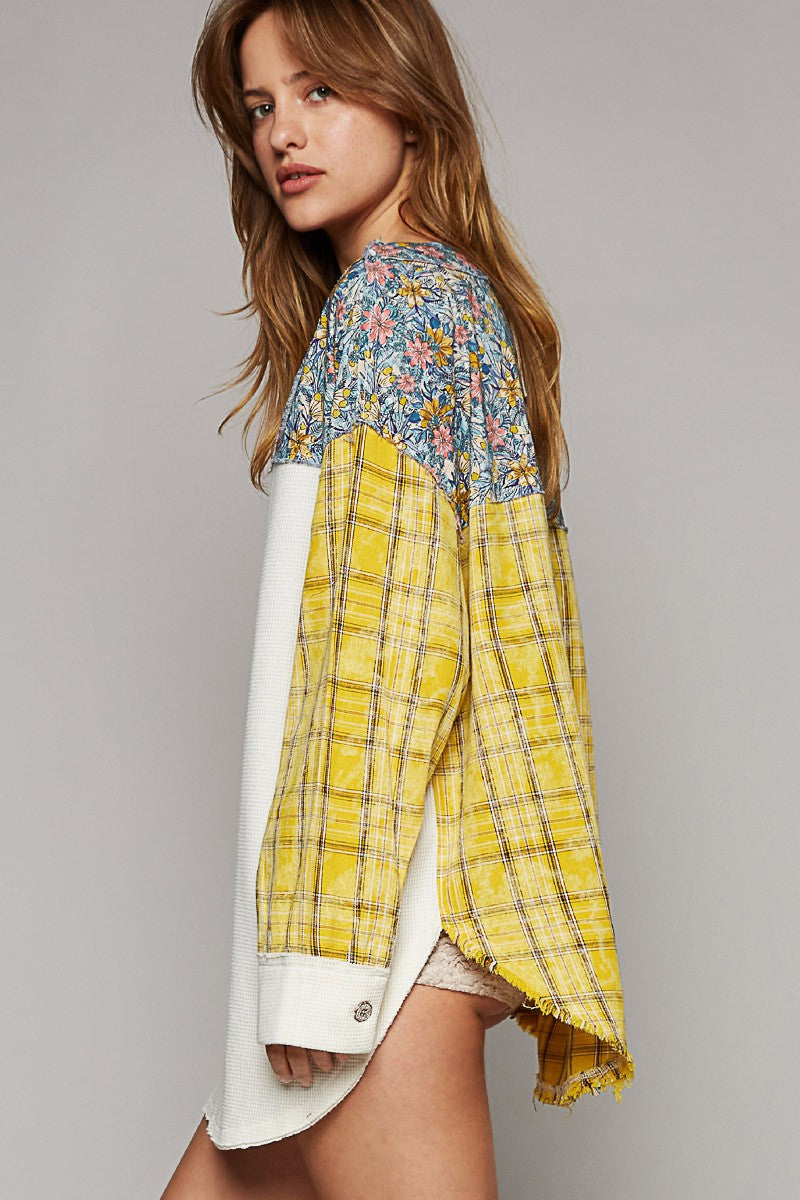 POL V Neck Long Plaid Sleeve Floral Contrast Top