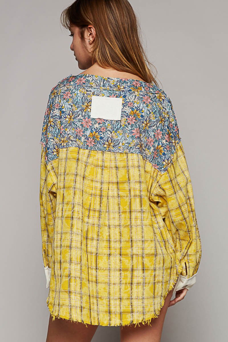 POL V Neck Long Plaid Sleeve Floral Contrast Top