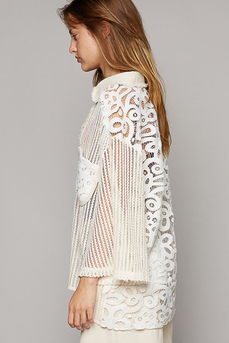 POL V-Neck Short Sleeve Button Down Crochet Shirt Top