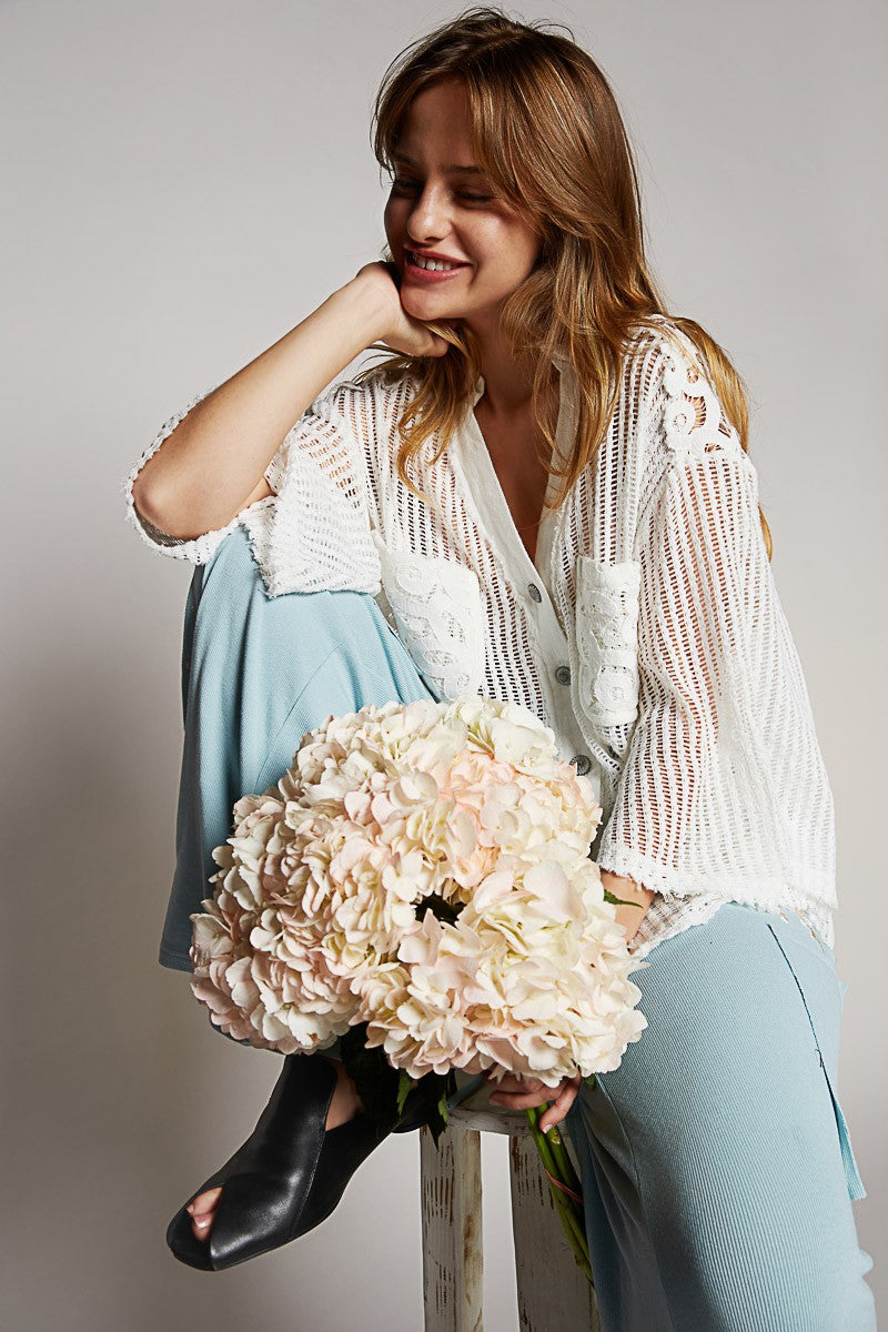 POL V-Neck Short Sleeve Button Down Crochet Shirt Top