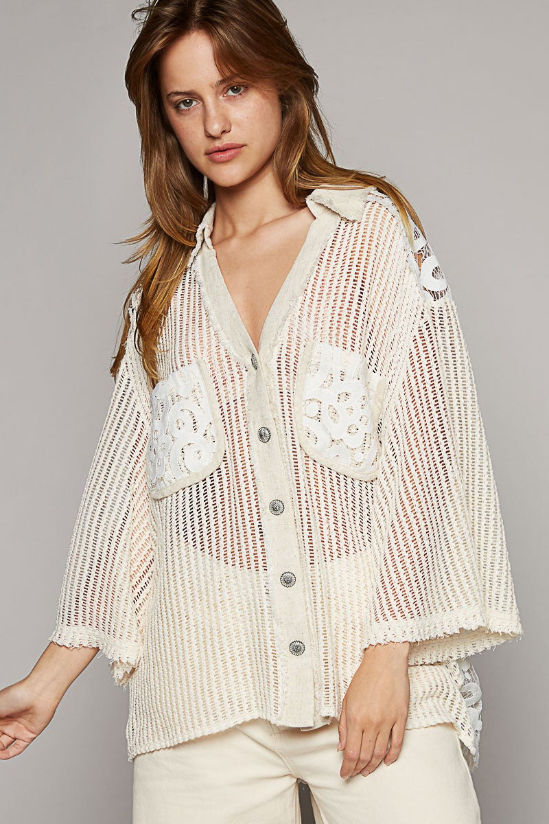 POL V-Neck Short Sleeve Button Down Crochet Shirt Top