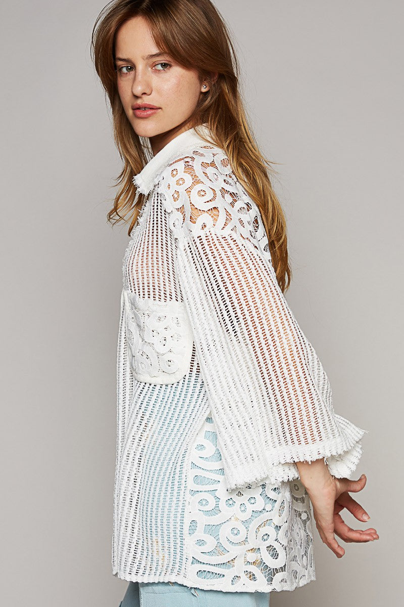 POL V-Neck Short Sleeve Button Down Crochet Shirt Top