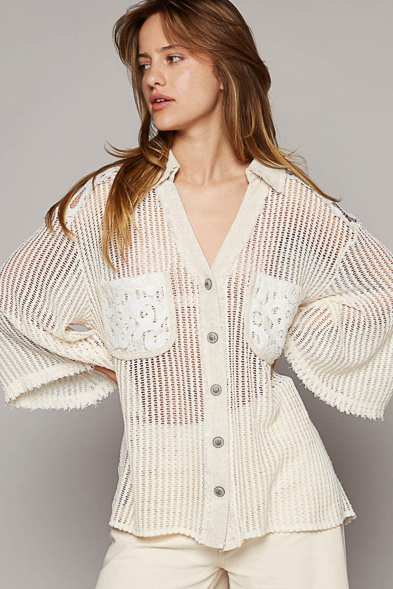 POL V-Neck Short Sleeve Button Down Crochet Shirt Top