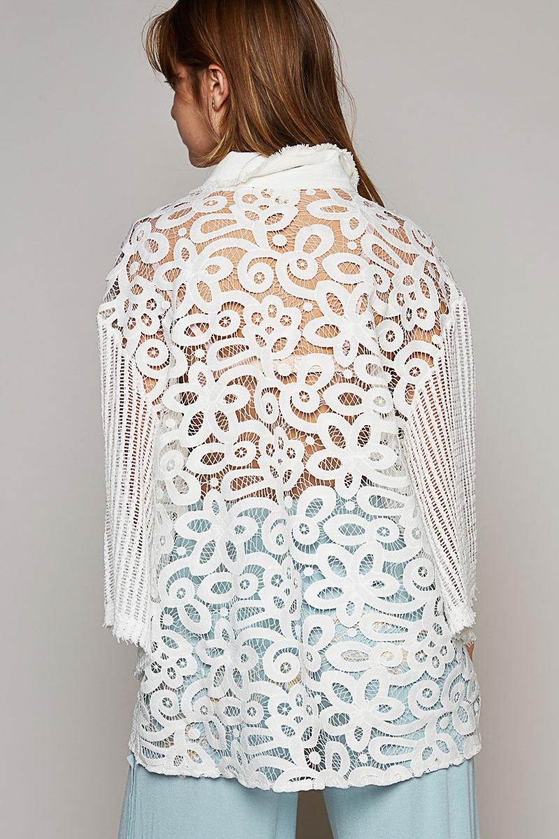 POL V-Neck Short Sleeve Button Down Crochet Shirt Top