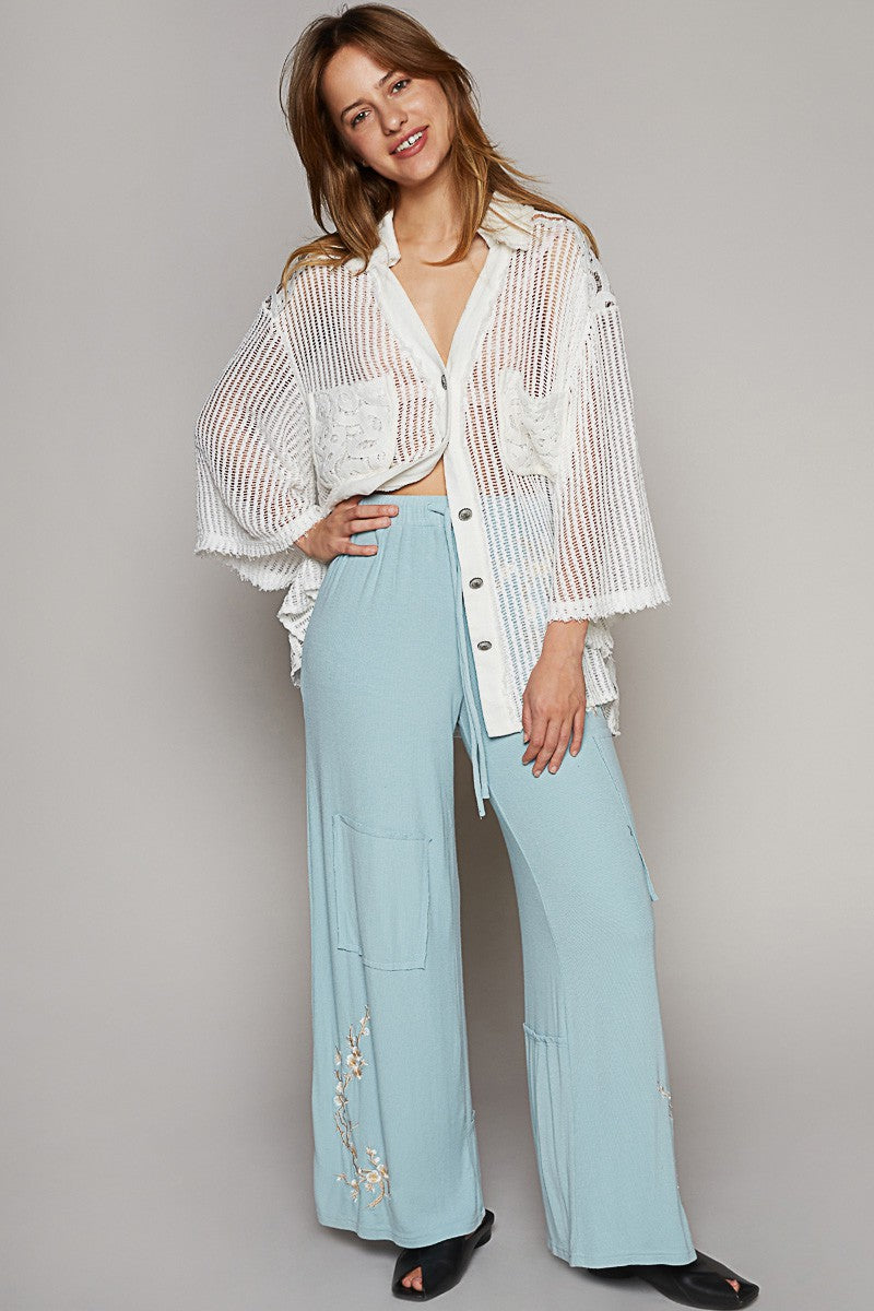 POL V-Neck Short Sleeve Button Down Crochet Shirt Top