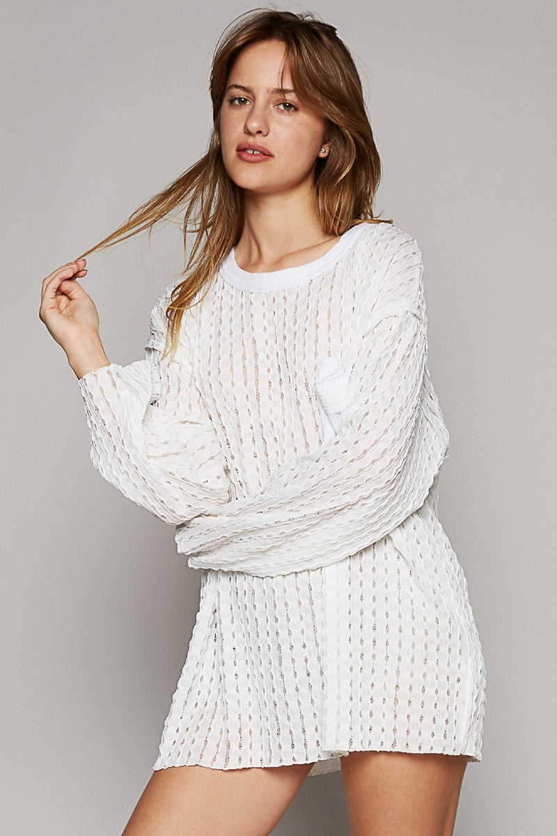 POL Round Neck Long Sleeve Cut Sew Soild Knit Top