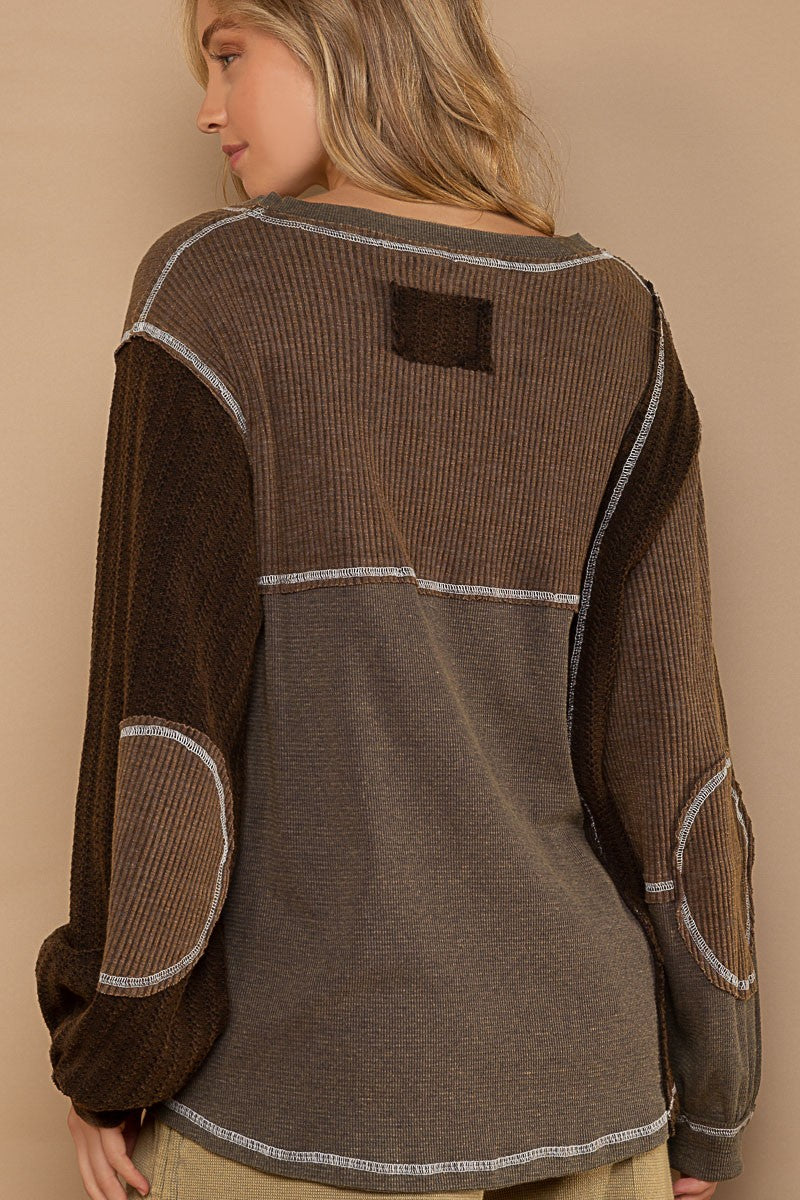 POL V Neck Contrast Knit Panels Color Block Top