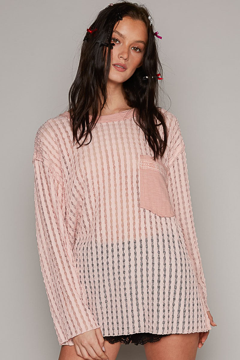 POL Round Neck Long Sleeve Cut Sew Soild Knit Top