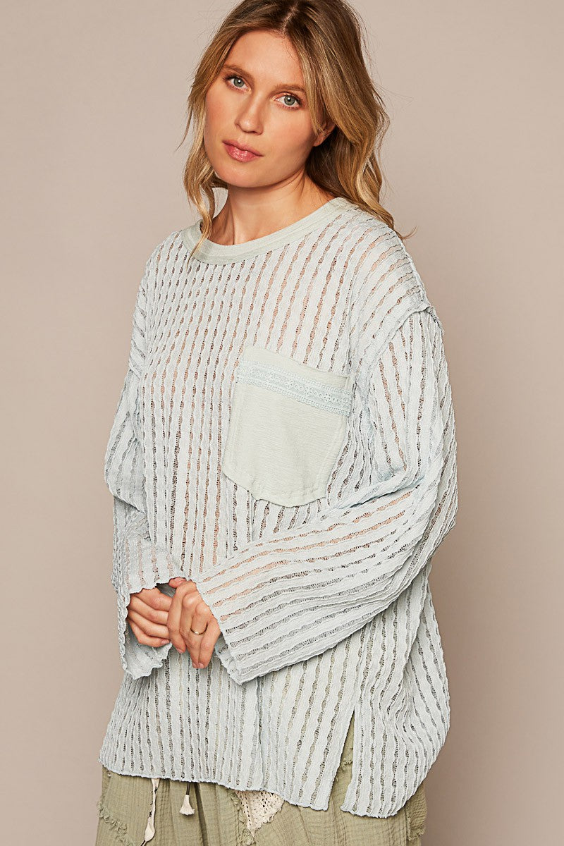 POL Round Neck Long Sleeve Cut Sew Soild Knit Top