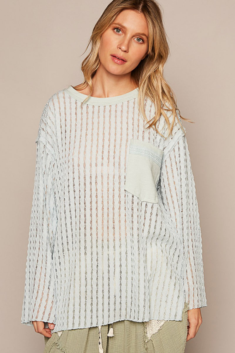 POL Round Neck Long Sleeve Cut Sew Soild Knit Top