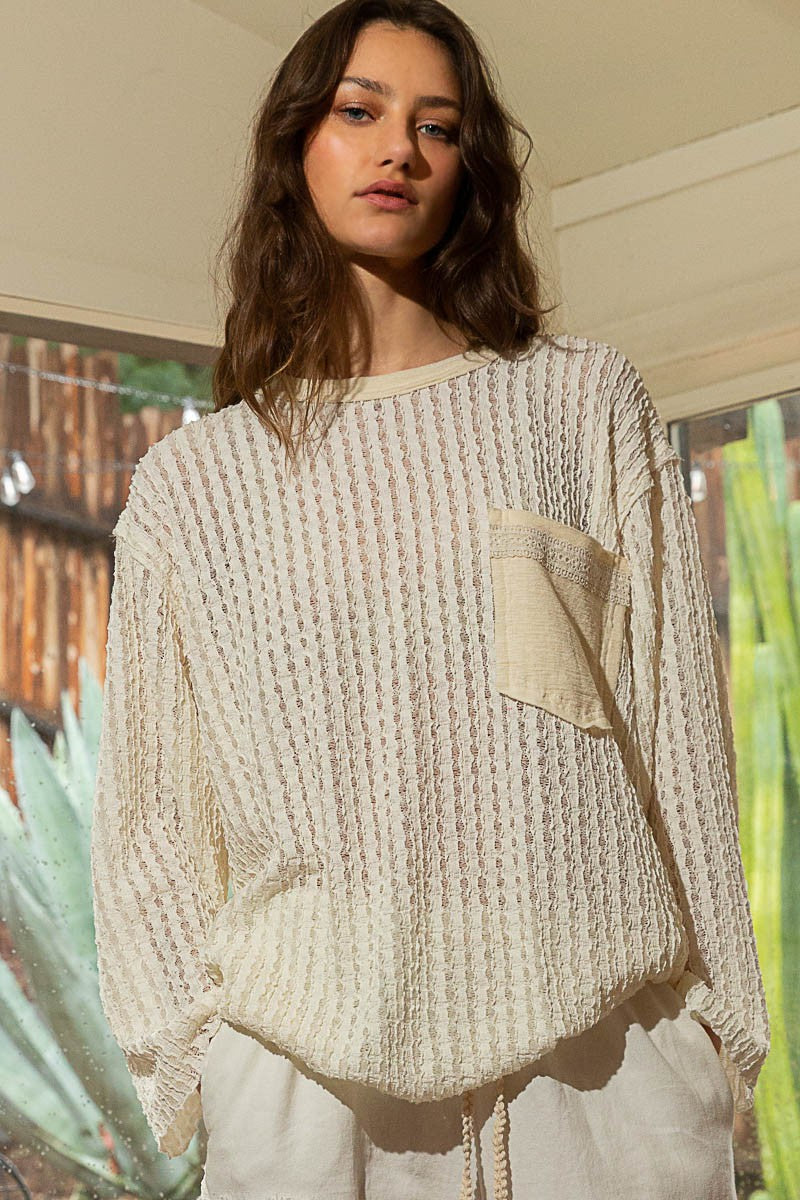 POL Round Neck Long Sleeve Cut Sew Soild Knit Top