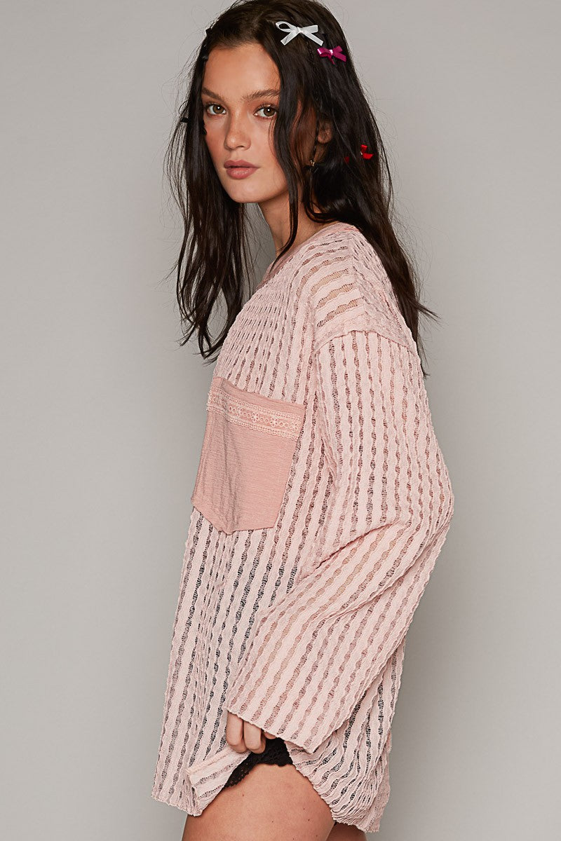 POL Round Neck Long Sleeve Cut Sew Soild Knit Top