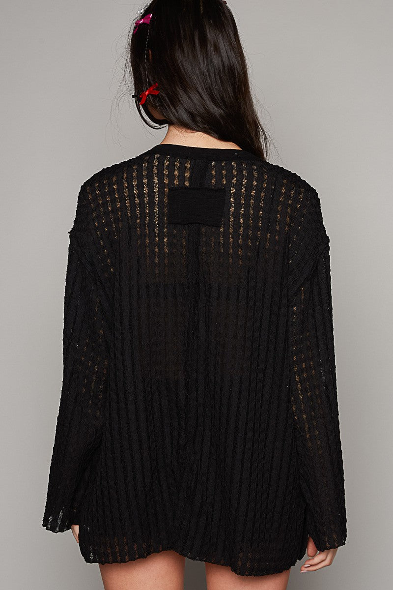 POL Round Neck Long Sleeve Cut Sew Soild Knit Top