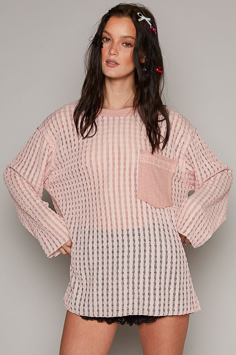 POL Round Neck Long Sleeve Cut Sew Soild Knit Top