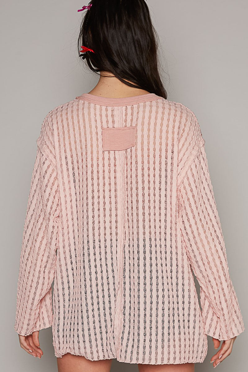 POL Round Neck Long Sleeve Cut Sew Soild Knit Top