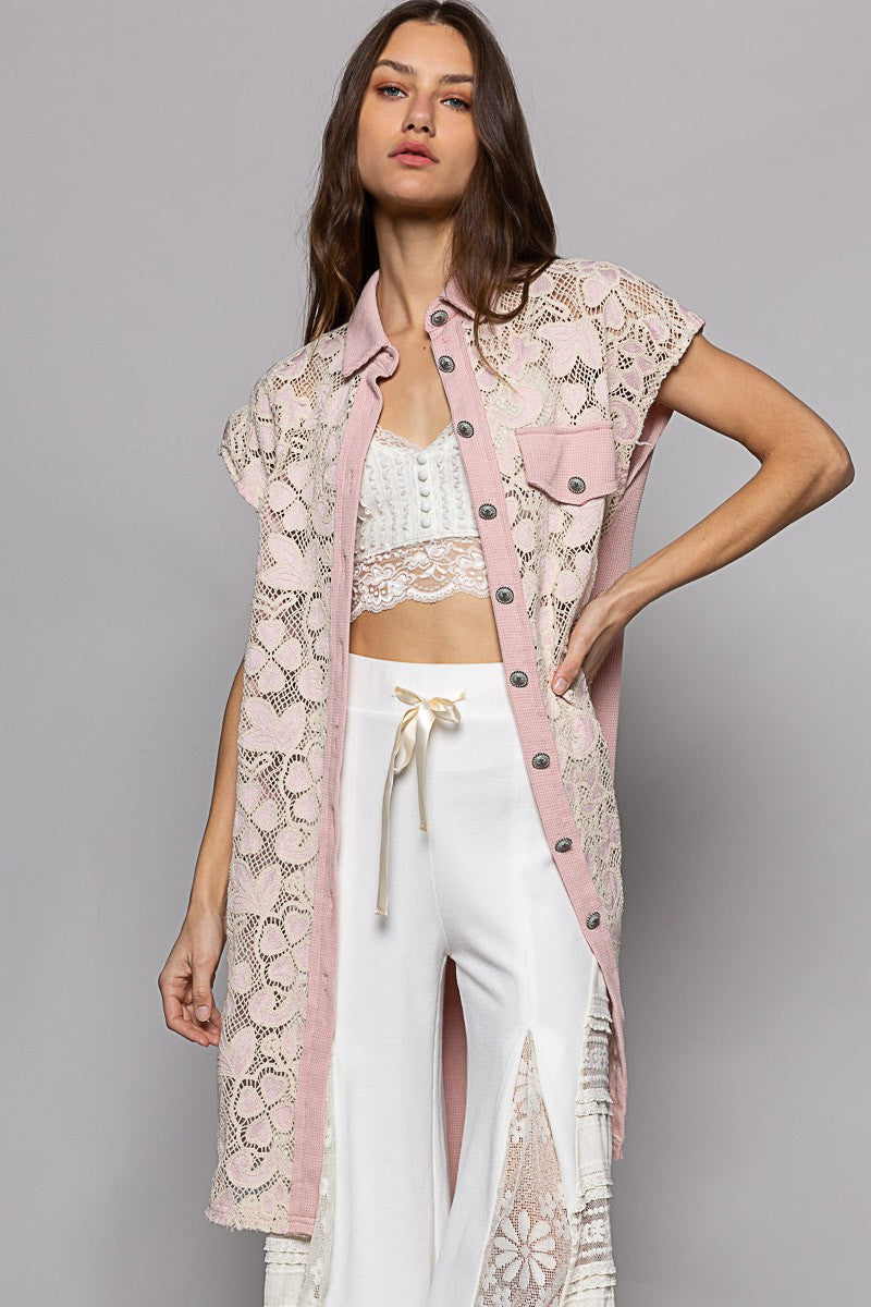 POL Sleeveless Lace Trim Contrast Button Down Long Top