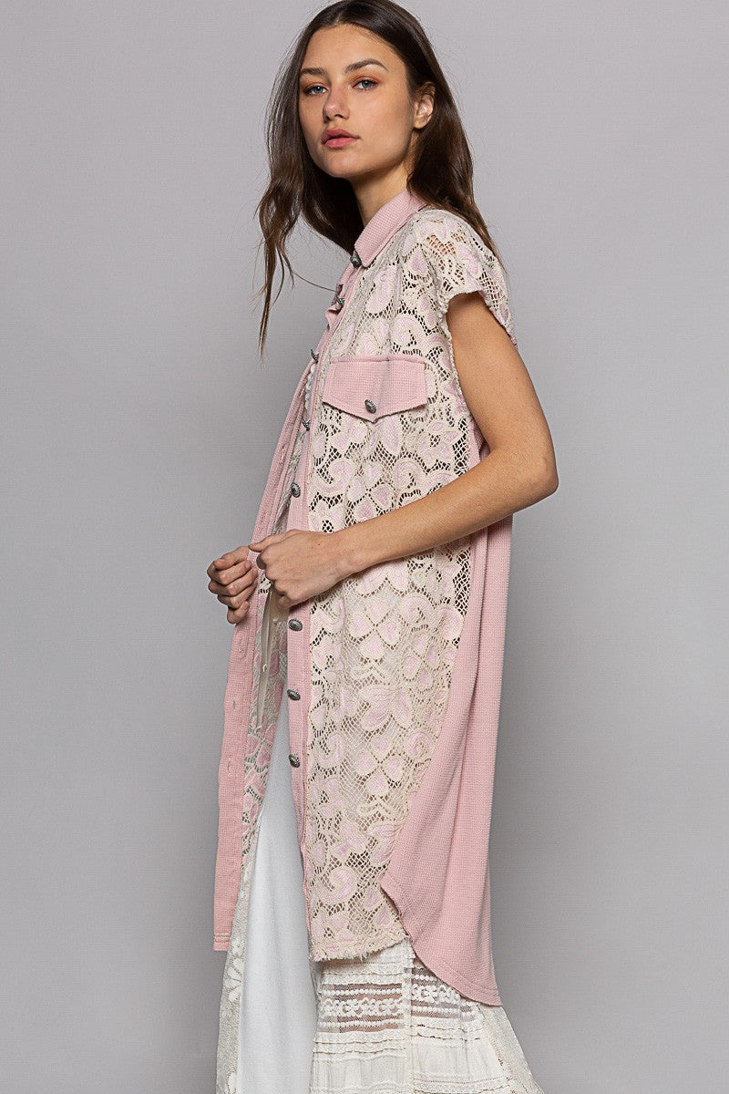 POL Sleeveless Lace Trim Contrast Button Down Long Top