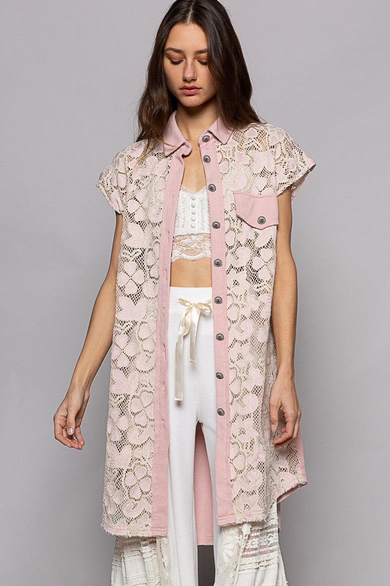 POL Sleeveless Lace Trim Contrast Button Down Long Top