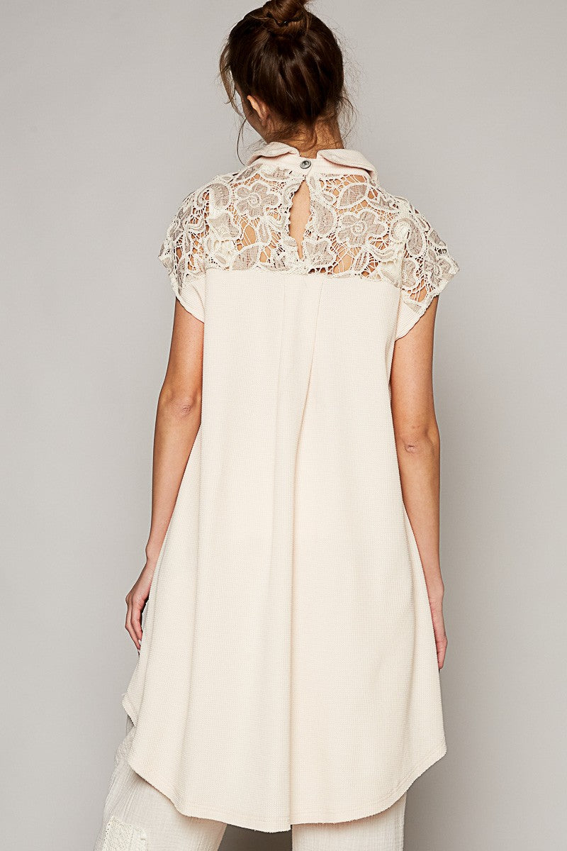 POL Sleeveless Lace Trim Contrast Button Down Long Top