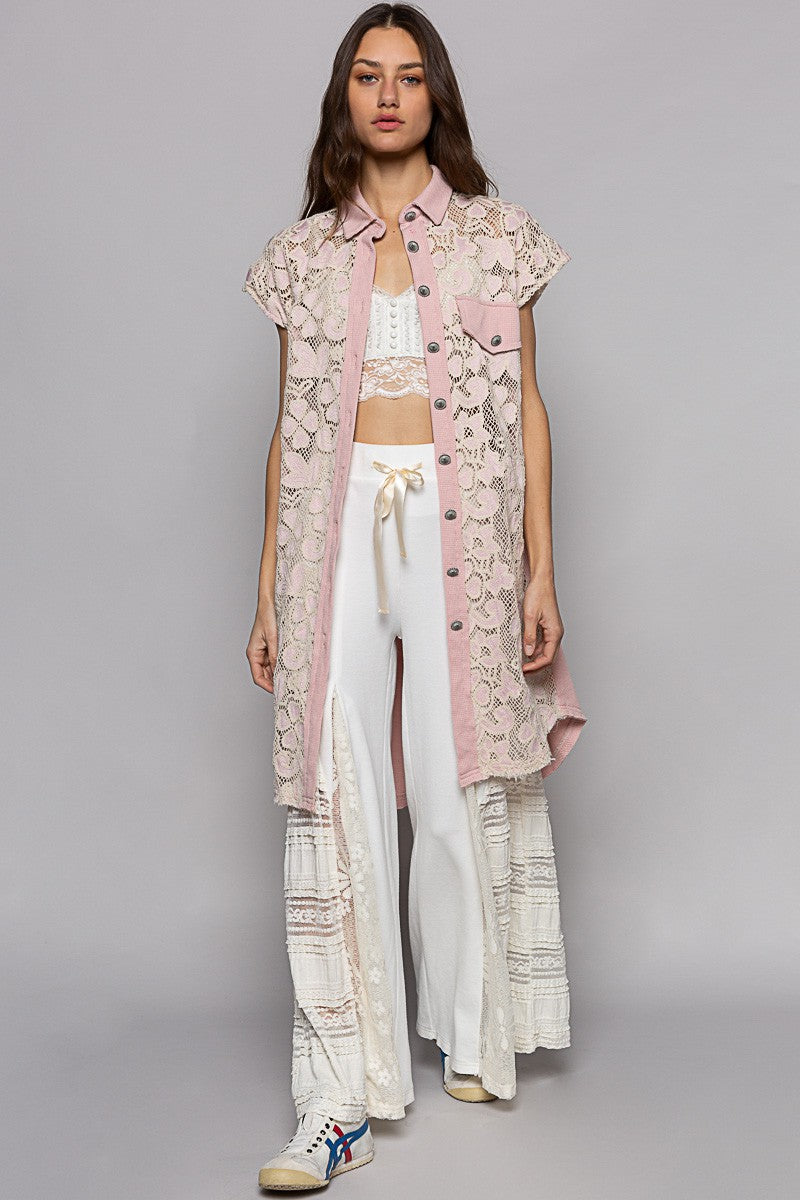 POL Sleeveless Lace Trim Contrast Button Down Long Top