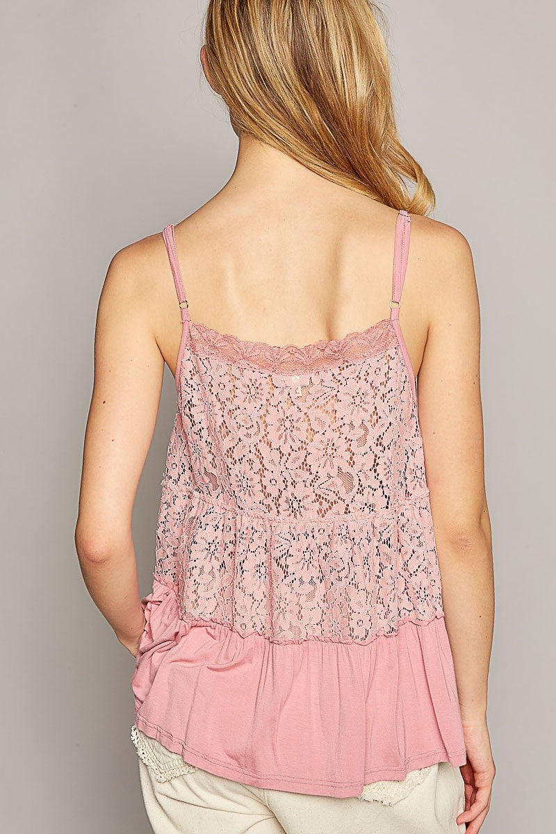 POL Sleeveless Lace Contrast Ruffle Detail Knit Top
