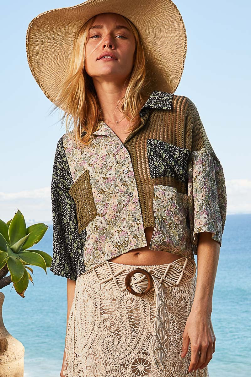 POL Short Sleeve Woven Print Crochet Mixed Shirt Top