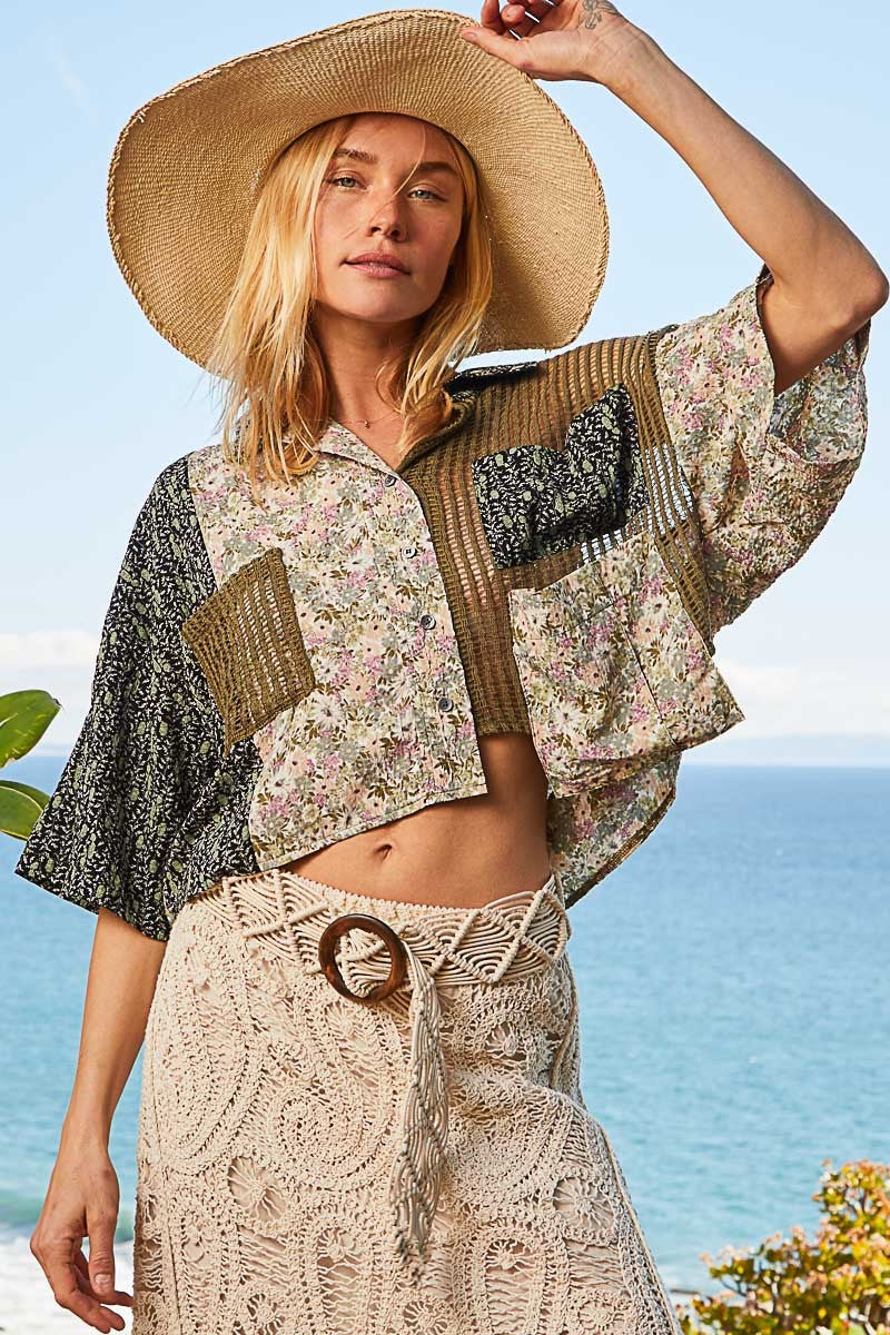 POL Short Sleeve Woven Print Crochet Mixed Shirt Top