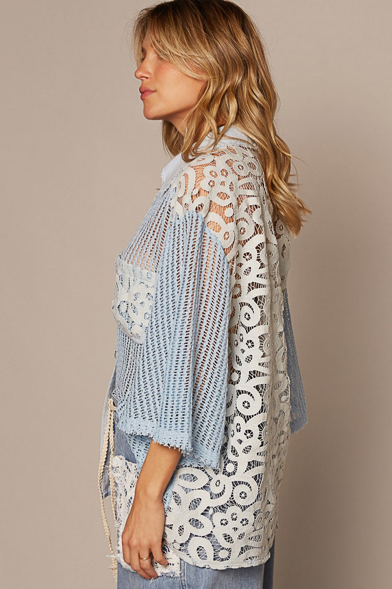 POL V-Neck Short Sleeve Button Down Crochet Shirt Top