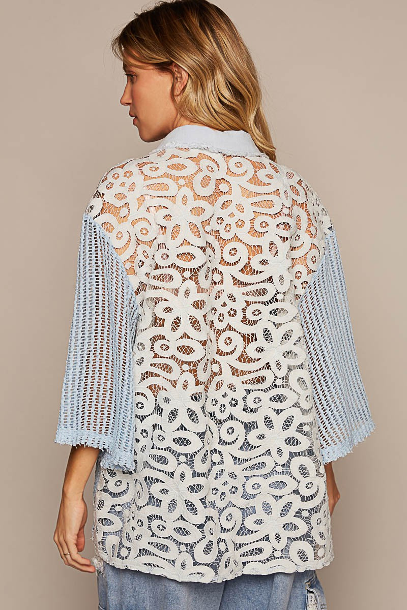 POL V-Neck Short Sleeve Button Down Crochet Shirt Top