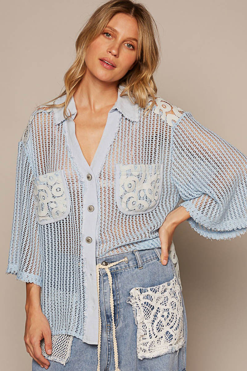 POL V-Neck Short Sleeve Button Down Crochet Shirt Top