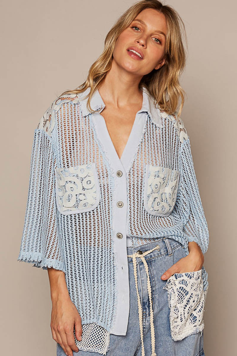 POL V-Neck Short Sleeve Button Down Crochet Shirt Top