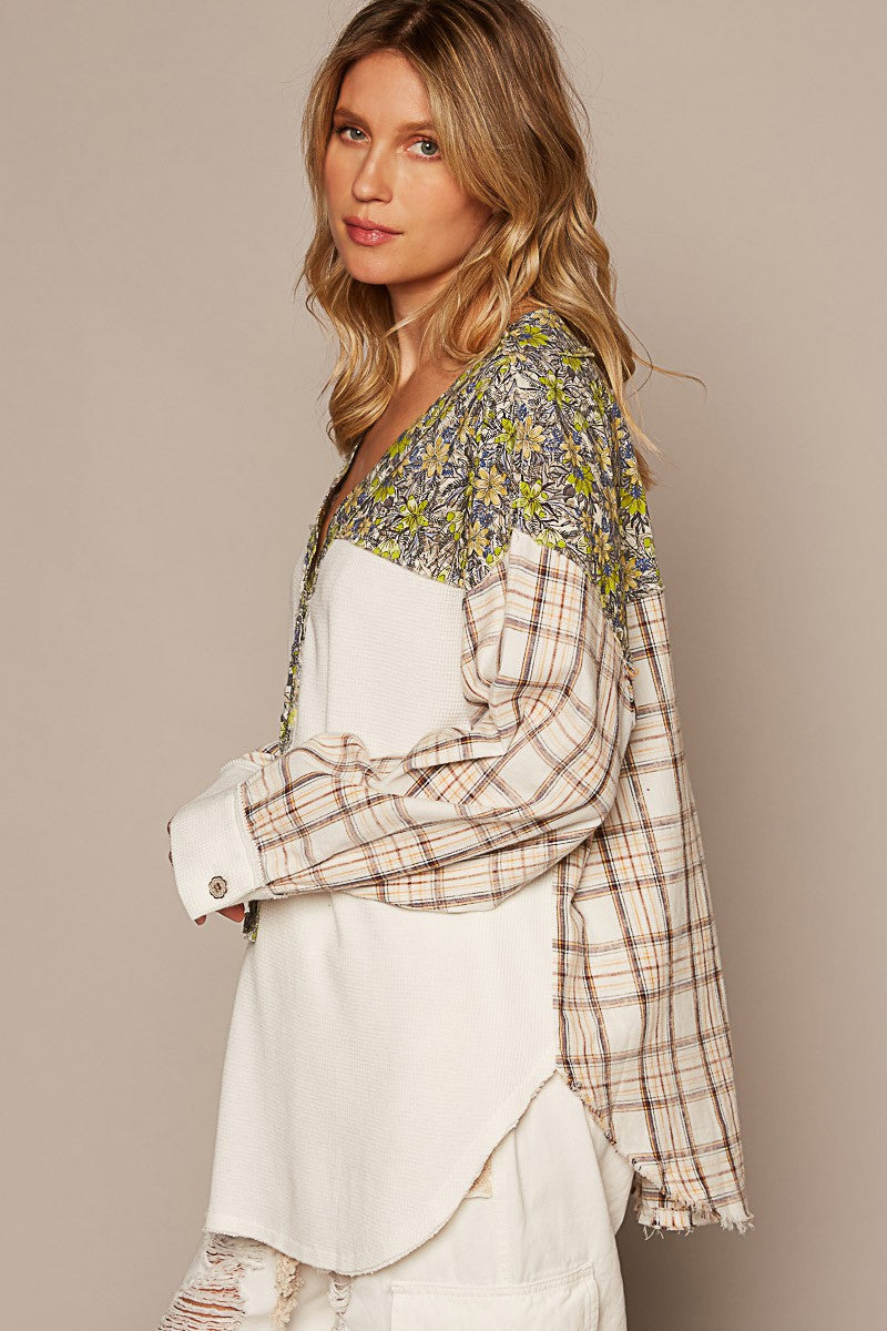 POL V Neck Long Plaid Sleeve Floral Contrast Top
