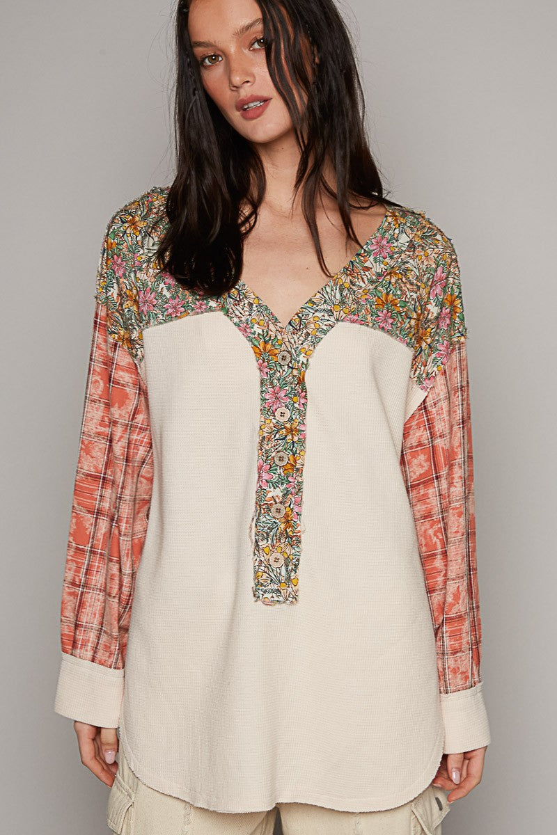 POL V Neck Long Plaid Sleeve Floral Contrast Top