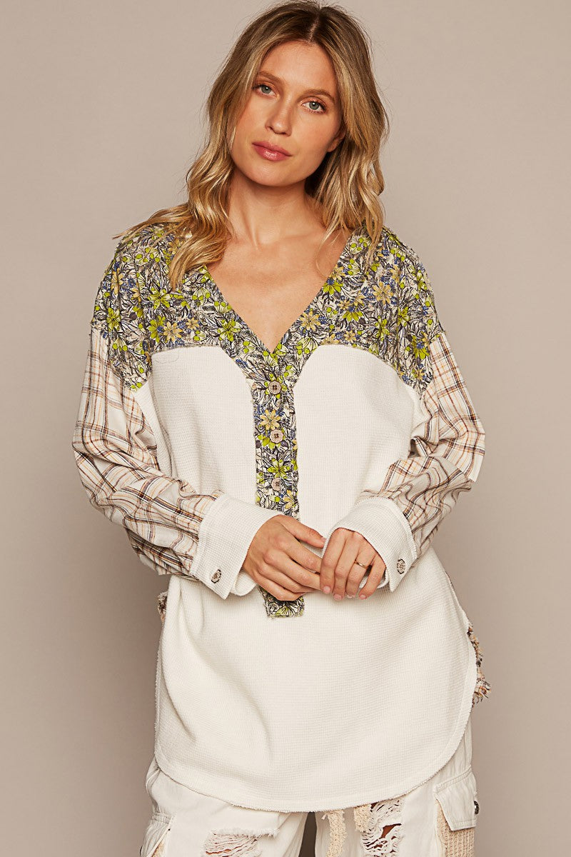 POL V Neck Long Plaid Sleeve Floral Contrast Top