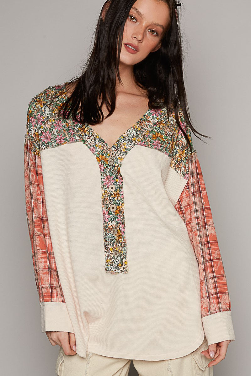 POL V Neck Long Plaid Sleeve Floral Contrast Top