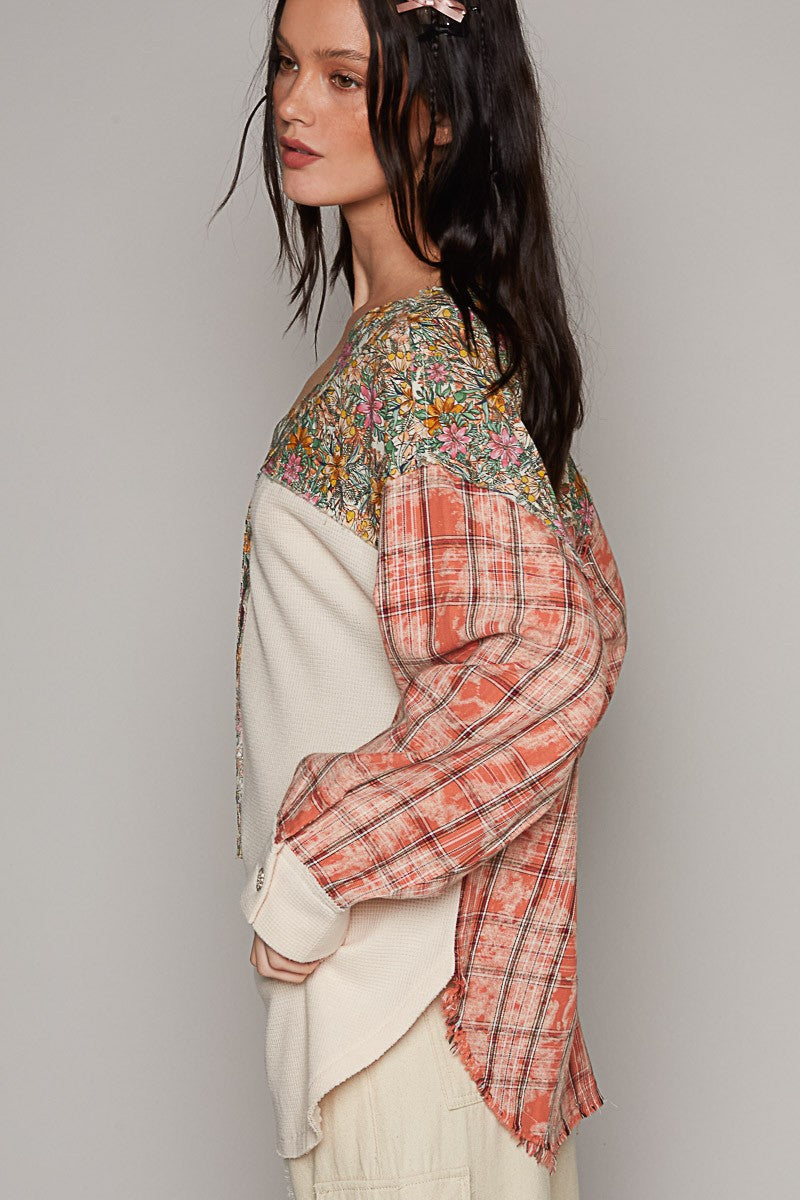 POL V Neck Long Plaid Sleeve Floral Contrast Top