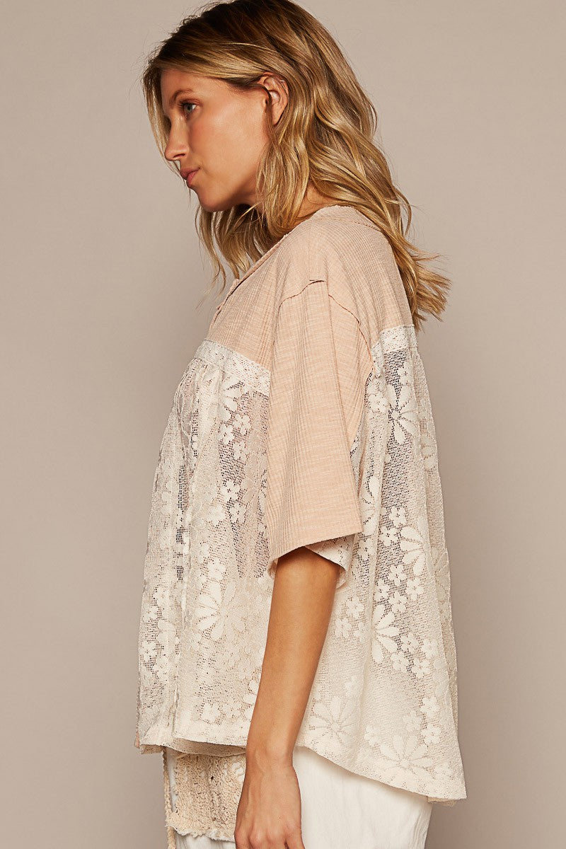 POL Oversize Round Neck Short Sleeve Lace Contrast Top
